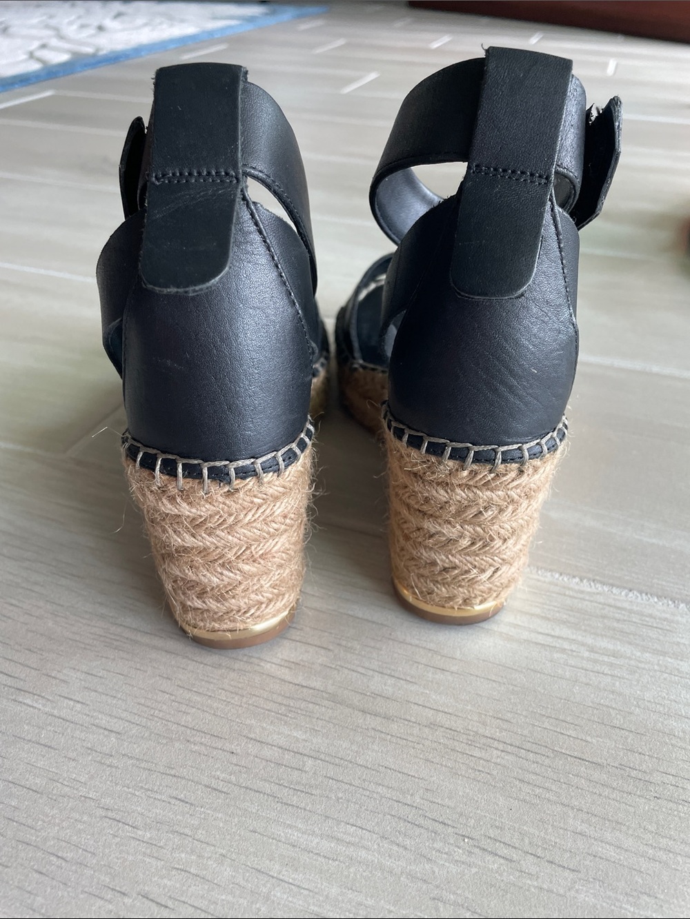 Franco Sarto Black Leather Espadrille Wedge Sandals with Ankle Strap - Picture 3 of 4